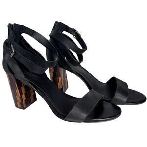 Crown Vintage High Heel Sandals Women Sz 8 Black & Brown Wood Block Chunky 3.25"